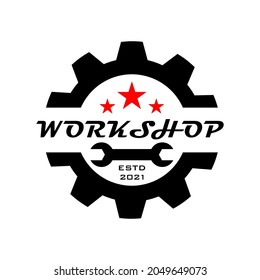 Automotive workshop logo, gear, wrench, star. vintage vector logo