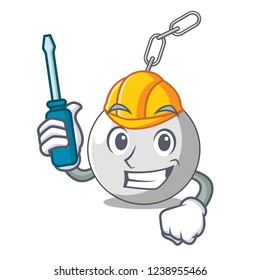 Automotive wrecking ball attached character on hitting