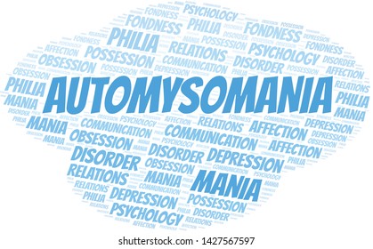 Automysomania word cloud. Type of mania, made with text only.