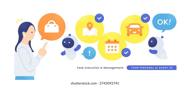 Autonomous AI agent arranging a trip. Vector illustration of an artificial intelligence booking destinations and rental cars.