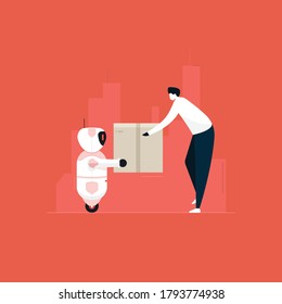 Autonomous ai artificial intelligence robot is delivering parcels, futuristic robotic delivery service