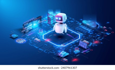 Autonomous AI Robot in a High-Tech Network Operations Center Environment. Programming, learning Artificial intelligence isometric robot ai among computer electronic chip hardware and the boards.