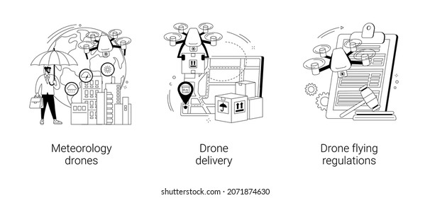 Las aeronaves autónomas utilizan un conjunto abstracto de ilustraciones vectoriales conceptuales. Aviones teledirigidos de meteorología, entrega de drones comerciales, regulación de vuelos, envío de mercancías, predicción meteorológica