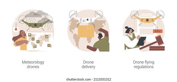 Autonomous aircraft use abstract concept vector illustration set. Meteorology data collection, drone commercial delivery, quadcopter regulations and flying rules, goods shipping abstract metaphor.