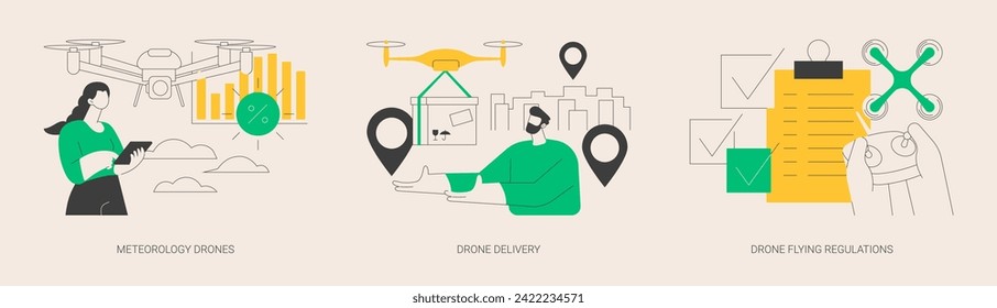 Autonomous aircraft use abstract concept vector illustration set. Meteorology data collection, drone commercial delivery, quadcopter regulations and flying rules, goods shipping abstract metaphor.