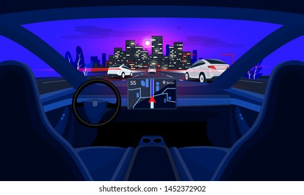 Autonomous autopilot smart driverless electric car self-driving on road to city. Viewed from the car interior dashboard display. Vector cartoon style with night skyline panoramic perspective horizon.