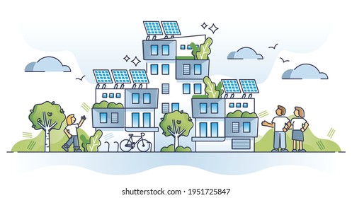 Autonomous building as house with solar panel electricity outline concept. Sustainable and environmental power supply as alternative and modern future technology for eco homes vector illustration.