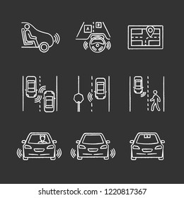 Autonomous car chalk icons set. Self-driving automobile. Sensors, video camera detecting road signs, pedestrians, other vehicles. Isolated vector chalkboard illustrations