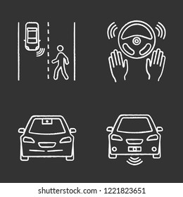 Autonomous car chalk icons set. Detecting pedestrians, full automation, self-driving car video camera, sensor. Isolated vector chalkboard illustrations
