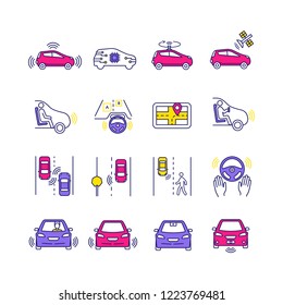 Autonomous car color icons set. Intelligent auto detecting other vehicles, road signs, pedestrians. Driverless car sensors. Self-driving automobile GPS. Isolated vector illustrations