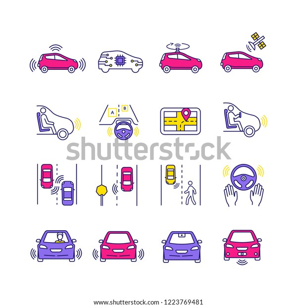 Autonomous\
car color icons set. Intelligent auto detecting other vehicles,\
road signs, pedestrians. Driverless car sensors. Self-driving\
automobile GPS. Isolated vector\
illustrations
