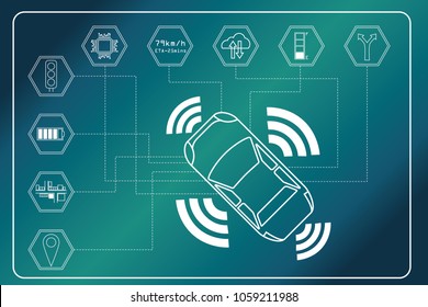 Autonomous car concept. Car devices connected to various sensors and the computer performs intelligent calculations, decisions and assistance to users. EPS 10 vector illustration