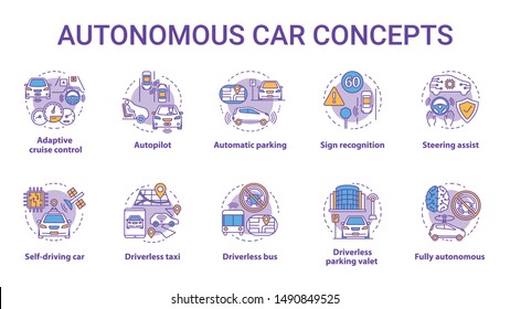 Autonomous Car Concept Icons Set. Car Robotic Features. Driverless Vehicles. Electronic Technology In Safe Driving Idea Thin Line Illustrations. Vector Isolated Outline Drawings. Editable Stroke