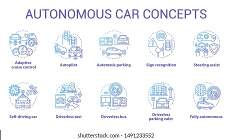 Autonomous car concept icons set. Car robotic features. Driverless vehicles. Electronic technology in safe driving idea thin line illustrations. Vector isolated outline drawings. Editable stroke