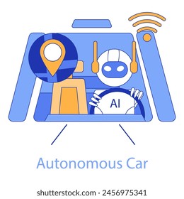 Autonomous Car concept. La integración de la IA y la robótica en el transporte. Tecnología de auto-navegación que mejora la seguridad de viaje. Ilustración vectorial.