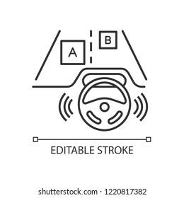 Autonomous Car Detecting Objects Linear Icon. Driverless Car Tracking Position Of Other Vehicles. Thin Line Illustration. Self Driving Automobile On The Road. Vector Isolated Drawing. Editable Stroke