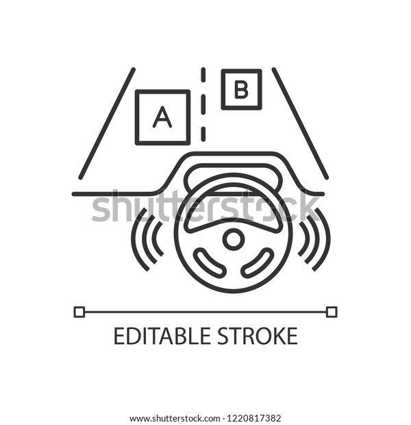 Autonomous car detecting objects linear icon.\
Driverless car tracking position of other vehicles. Thin line\
illustration. Self driving automobile on the road. Vector isolated\
drawing. Editable\
stroke