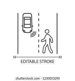 Autonomous car detecting pedestrians linear icon. Driverless auto on the road. Thin line illustration. Self driving automobile tracking objects. Vector isolated outline drawing. Editable stroke