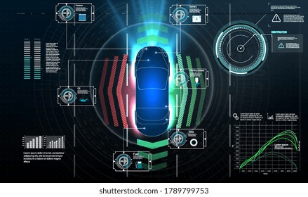 Autonomous car. Driverless car. Self driving vehicle. Future concepts smart auto. HUD, GUI, hologram Automatic braking system avoid car crash from car accident. Concept for driver assistance systems. 