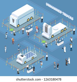 Autonomous car driverless vehicle robotic transport isometric composition with unmanned trucks on automobile exhibition with people vector illustration