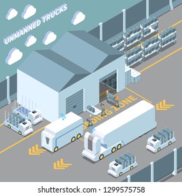 Autonomous car driverless vehicle robotic transport isometric composition with unmanned trucks being loaded by warehouse workers vector illustration