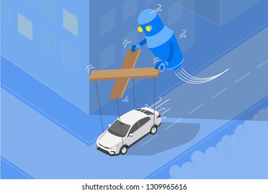 autonomous car driving on city road driverless car, with robot, self-driving vehicle
