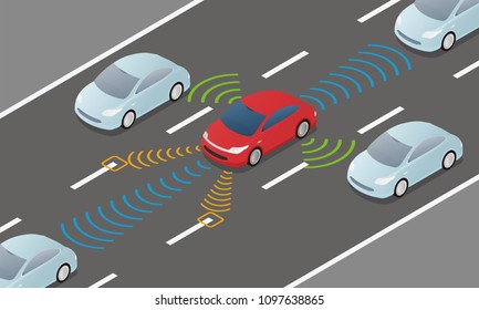 autonomous car driving on road and sensing systems, driverless car, self-driving vehicle