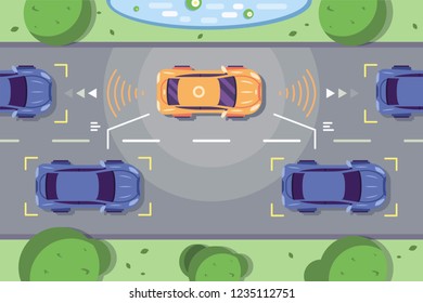 Autonomous car driving on road with sensing systems. Smart vehicle scans way observe distance and parking driverless flat style vector illustration. Future concept