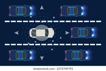 Autonomous car driving on road and sensing systems, driverless cars, and self-driving vehicles. Road in the city with autonomous Driverless cars. Vector.