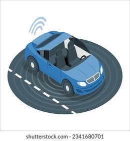 autonomous car driving on road and sensing systems, driverless car, self-driving vehicle. Sensing system and communication network of vehicle. Autonomous car. Driverless car. Self driving. 2246