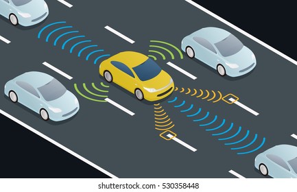 autonomous car driving on road and sensing systems, driverless car, self-driving vehicle