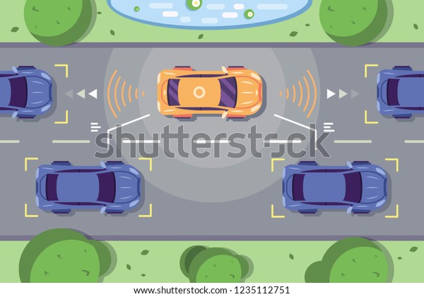 Autonomous car driving on\
road with sensing systems. Smart vehicle scans way observe distance\
and parking driverless flat style vector illustration. Future\
concept