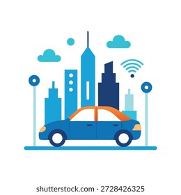 Automóvil autónomo que conduce a través del horizonte de la ciudad inteligente con las redes de transporte digitales avanzadas