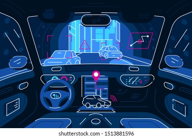 Autonomous car driving in tunnel vector illustration. Smart vehicle with sensing system scanning way observe distance, road users, tracking route and geolocation flat style design. Future concept