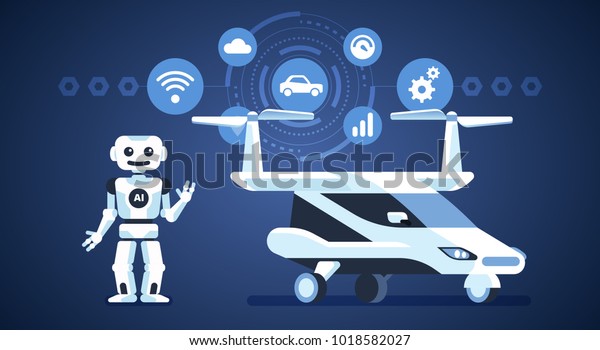 Autonomous car. Flying transport.\
Self-driving car with robot and icons. Artificial intelligence on\
the road. Vector infographics\
illustration
