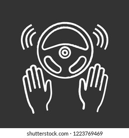 Autonomous car with full automation chalk icon. Driverless auto. Hands off automobile. Self driving auto. Car rudder and hands. Isolated vector chalkboard illustration