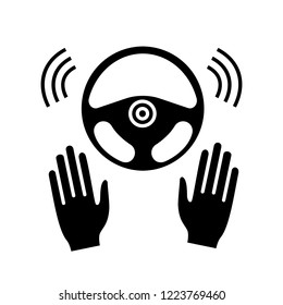 Autonomous Car With Full Automation Glyph Icon. Driverless Auto. Hands Off Automobile. Self Driving Auto. Car Rudder And Hands. Silhouette Symbol. Negative Space. Vector Isolated Illustration