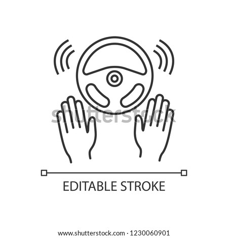 Autonomous car with full automation linear icon. Driverless auto. Hands off automobile. Self driving auto. Thin line illustration. Car rudder and hands. Vector isolated drawing. Editable stroke