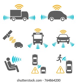 Autonomous Car Icon Set. Driver Assistance System. Driverless Vehicle.