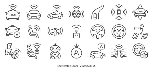 Conjunto de ícones de carro autônomo. Ele incluía robô táxi, piloto automático, carro, veículo, detecção automática e mais ícones. Traçado de vetor editável.