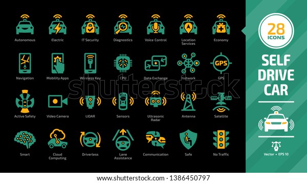 Autonomous\
car icon set on a black background with driverless self drive\
sensor smart vehicle, cloud computing automated connected transport\
and wireless system color glyph mobility\
sign.