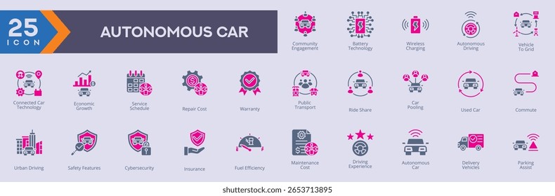 Ícones de carro autônomo coleção imagens vetoriais em estilo duotônico
contendo vários transportes, compartilhamento de carona, carro em comum, carro usado, transporte, condução urbana. também pode ser usado para ícones da Web e de aplicativos.