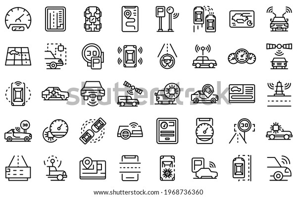 Autonomous car icons
set. Outline set of autonomous car vector icons for web design
isolated on white
background