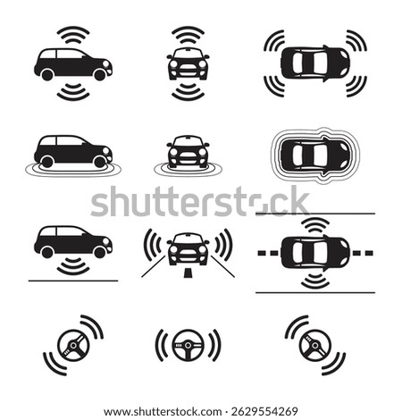 Autonomous Car Icons Set – Self-Driving Vehicles, Electric Robotic Auto, ADAS, AI Car, Auto Pilot System, Smart Sensors, GPS Navigation, and Driverless Technology
