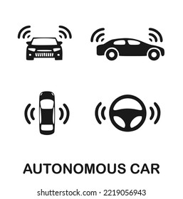 Autonomous car illustrations. Self-driving vehicle. Front, side, top views and wheel symbols with wireless signals. 4 vectors. Outline. Filled black color. Isolated on white background.