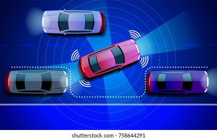 Autonomous car leaves the Parking. draiverless vehicle in the city street on the night.