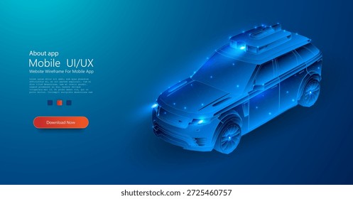 Coche autónomo con entorno de escaneo Lidar utilizando Tecnología de marco de alambre digital sobre fondo azul