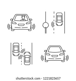 Autonomous car linear icons set. Sensors, self-driving auto detecting road signs and other vehicles. Thin line contour symbols. Isolated vector outline illustrations. Editable stroke