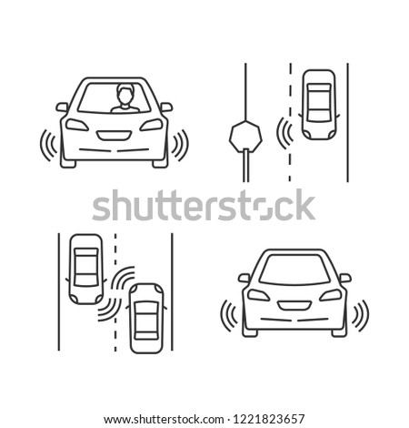 Autonomous car linear icons set. Sensors, self-driving auto detecting road signs and other vehicles. Thin line contour symbols. Isolated vector outline illustrations. Editable stroke