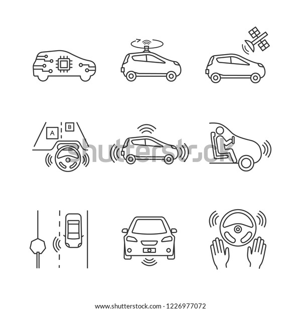 Autonomous car linear icons set. Self-driving\
automobile, LIDAR, satellite control. Sensors detecting road signs,\
other vehicles, pedestrians. Isolated vector outline illustrations.\
Editable stroke